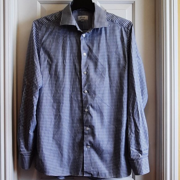Eton Other - Eton AB Cambridge Blue White checkered 100% Long Sleeve Cotton Shirt 17.…